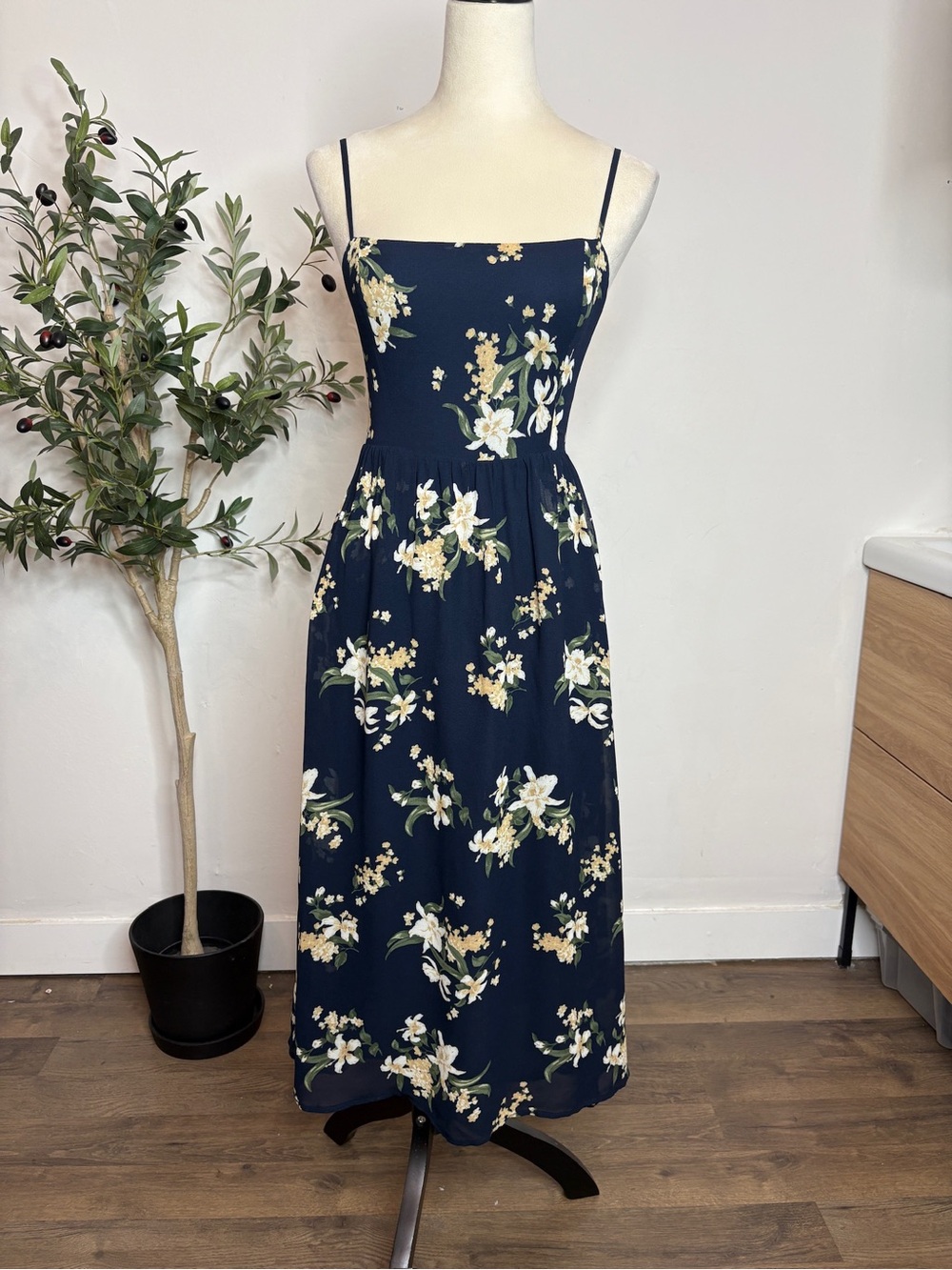 Reformation Navy Floral Spaghetti-Strap Midi Dress